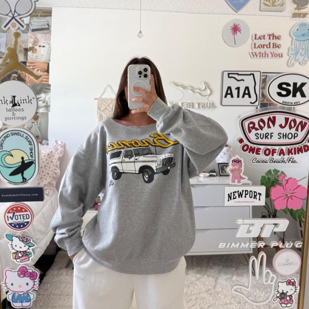 Grey ford bronco off the shoulder crewneck sweatshirt